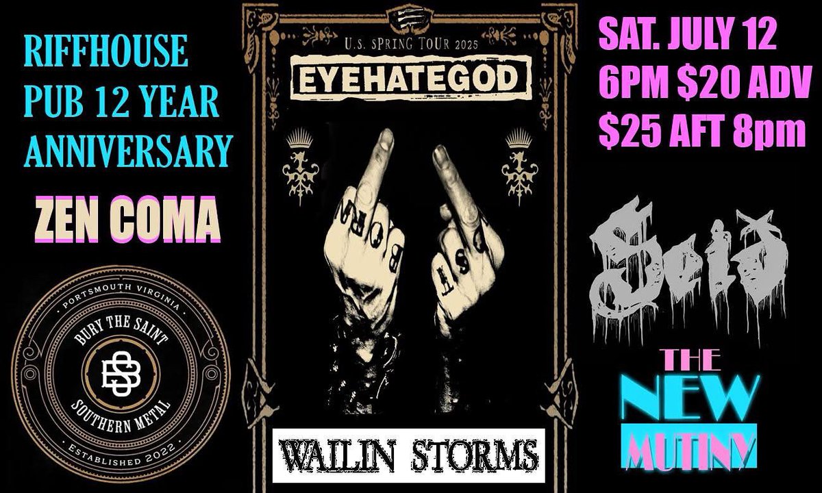 The New Mutiny (@thenewmutinyvb) on Twitter photo This is rad!!! @riffhouse_pub ‘s 12th anniversary show with @eyehategodnola @seiddoom @zencoma <a href="/burythesaint/">Bury The Saint</a> @wailinstorms is on July 12th!!! Honored to be included. Get your 🎫 now!!! #riffhousepub #anniversaryshow #norfolk #rockandroll #doom #eyehategod #riffhouse #liveband This is rad!!! @riffhouse_pub ‘s 12th anniversary show with @eyehategodnola @seiddoom @zencoma <a href="/burythesaint/">Bury The Saint</a> @wailinstorms is on July 12th!!! Honored to be included. Get your 🎫 now!!! #riffhousepub #anniversaryshow #norfolk #rockandroll #doom #eyehategod #riffhouse #liveband