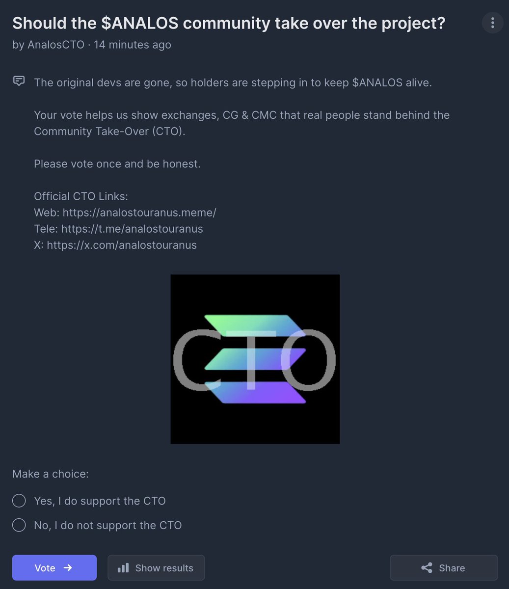 analos_fanpage's tweet photo. $ANALOS Needs You It’s Time to Take Back the Project

The future of $ANALOS is in the community’s hands.
A vote has been launched to decide:
Should the community take control and revive the project under the current CTO?
Vote here: https://t.co/7XjeqKdJZE

We’re not just talking about a comeback we’re talking about a takeover.
The momentum is building fast with 60+ votes and counting but we need every holder to step up.

This vote is more than just a poll. It’s a signal to CoinGecko, CoinMarketCap, KuCoin, and the entire crypto world that the $ANALOS community is strong, organized, and ready to lead.

Every vote counts. Every share matters.
Let’s rally, rise, and bring $ANALOS back stronger than ever.

#analosToUranus #analos #analosrevival #analoscommunity #analoscomeback #analosisback