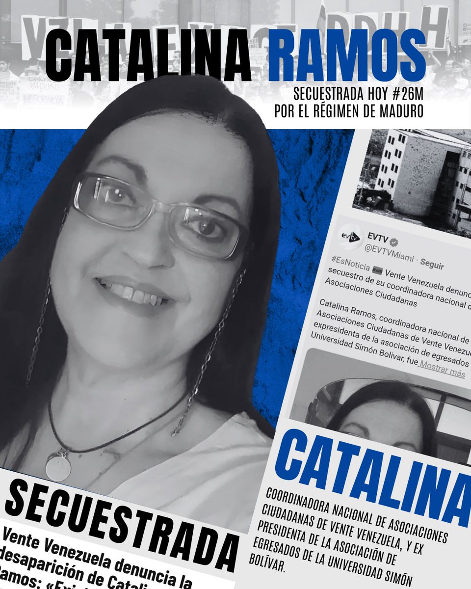 Hoy, Catalina Ramos fue secuestrada por el régimen. Su valentía y compromiso con la verdad incomodan al poder. Exigir justicia no es delito. No podemos normalizar el silencio. Catalina no está sola: su voz vive en todos nosotros. #CatalinaNoEstáSola