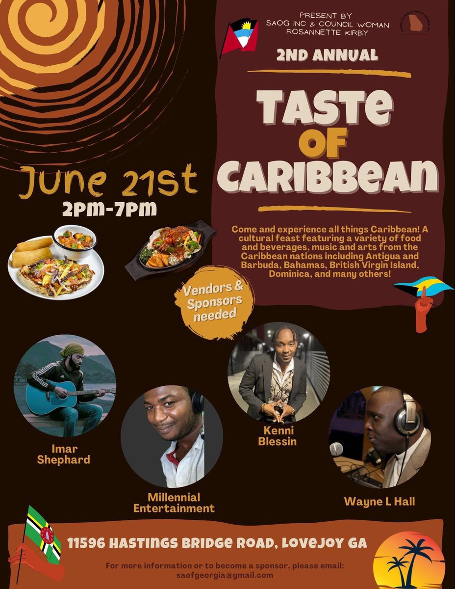 RKTravelIntl's tweet photo. Second annual Taste of the Caribbean in the City of Lovejoy. A Free event! Come enjoy an afternoon of great food, music, fun, and entertainment. See you Saturday June 21st at 2:00pm. 
We are still seeking Vendors. https://t.co/cXRopHjzwo