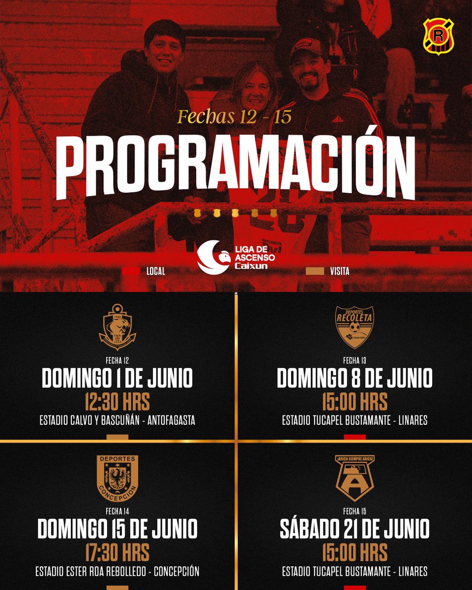 Rangersdetalca_'s tweet photo. 🗓️ 𝐏𝐑𝐎𝐆𝐑𝐀𝐌𝐀𝐂𝐈𝐎́𝐍 | 𝐅𝐄𝐂𝐇𝐀 𝟏𝟐 𝐀 𝟏𝟓 ⚽

🤩 Toma nota, programa los próximos encuentros y acompáñanos para los siguientes partidos. ¡De visitante o de local!

#𝐒𝐨𝐦𝐨𝐬𝐋𝐚𝐑𝐞𝐠𝐢𝐨́𝐧 🔴⚫ https://t.co/yoYu57y2Jg