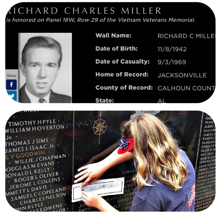 Elizabeth doing a 'charcoal rubbing' of our family friend and neighbor Charlie Miller's name.
Charlie was a helicopter pilot who was killed in the Vietnam War.
Our community was shocked.
This was taken in Anniston's (Alabama) Memorial Day Service in 2006.