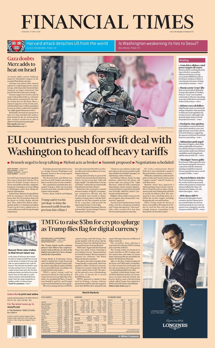 ๐ต๐๐๐๐ ๐ฟ๐๐๐๐ ๐๐๐๐๐ข ๐ฐ (@ukpapers) on Twitter photo ๐ฌ๐ง EU Countries Push For Swift Deal With Washington To Head Off Heavy Tariffs
โซBrussels urged to keep talking
โซMeloni acts as broker
โซSummit proposed
โซNegotiations scheduled
โซ<a href="/AndyBounds/">Andrew Bounds</a> @amykazmin <a href="/barneyjopson/">Barney Jopson</a> <a href="/jude_webber/">Jude Webber</a>
#frontpagestoday #UK <a href="/FT/">Financial Times</a> ๐ฌ๐ง EU Countries Push For Swift Deal With Washington To Head Off Heavy Tariffs
โซBrussels urged to keep talking
โซMeloni acts as broker
โซSummit proposed
โซNegotiations scheduled
โซ<a href="/AndyBounds/">Andrew Bounds</a> @amykazmin <a href="/barneyjopson/">Barney Jopson</a> <a href="/jude_webber/">Jude Webber</a>
#frontpagestoday #UK <a href="/FT/">Financial Times</a>
