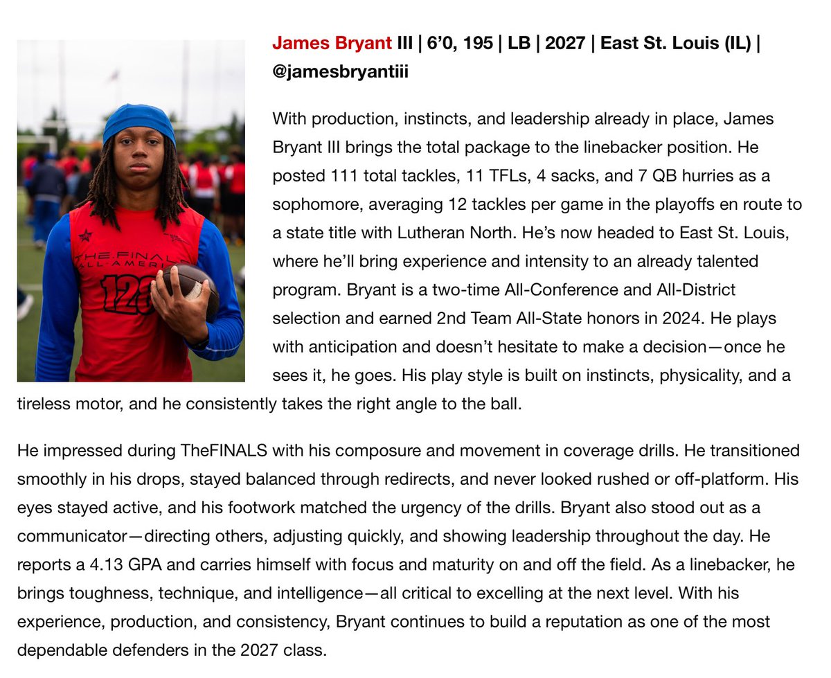James “Booby” Bryant III C/O 2027 OLB/MLB (@jamesbryantiii) on Twitter photo Thank you <a href="/sixstarfootball/">Six Star Football | PLUS+</a> for the write-up! I had a great time competing this year at The Finals. Thank you <a href="/sixstarfootball/">Six Star Football | PLUS+</a> for the write-up! I had a great time competing this year at The Finals.