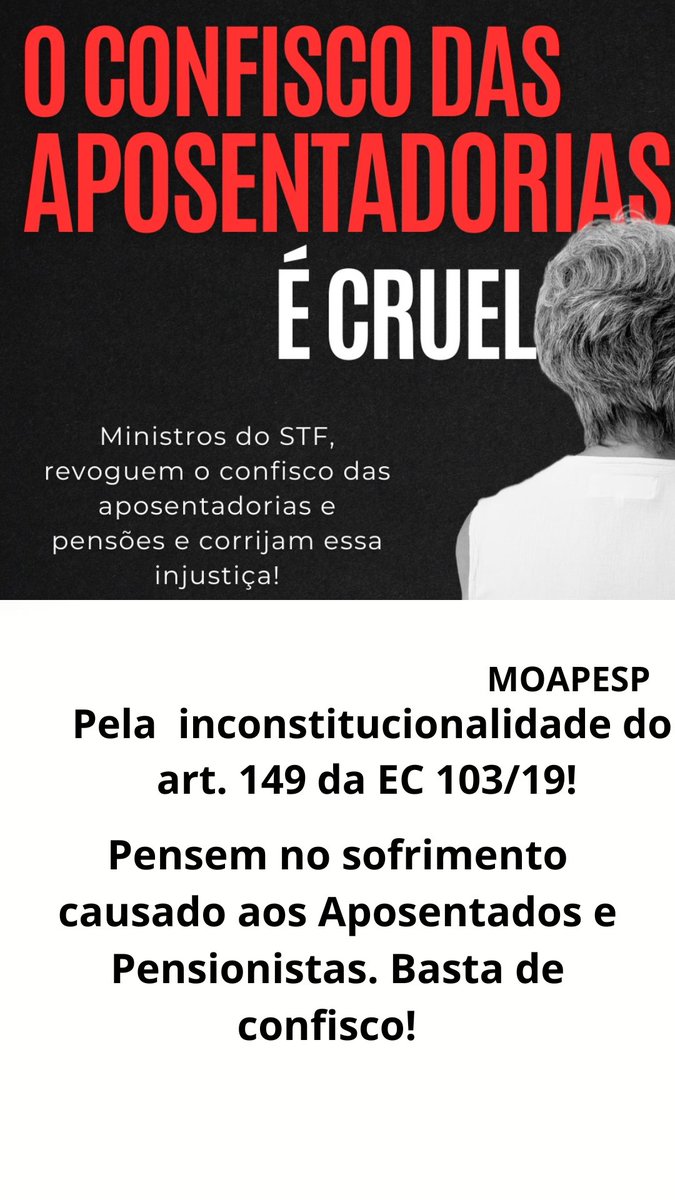 <a href="/RitaSil05233512/">Rita Silva</a> <a href="/SueChohfe/">Sueli C Stelzer</a> <a href="/tucam30074549/">Tucam300</a> <a href="/STF_oficial/">STF</a> <a href="/gilmarmendes/">Gilmar Mendes</a> <a href="/LRobertoBarroso/">Luís Roberto Barroso</a> <a href="/alexandre/">Alexandre de Moraes</a> Todos nós, aposentados, enfrentamos situações difíceis, na vida, e tivemos apoio do Supremo. Recomece a pauta da anticonstitucionalidade do art.149 da EC 103, Ministros.
<a href="/gilmarmendes/">Gilmar Mendes</a> 
<a href="/STF_oficial/">STF</a>
<a href="/LRobertoBarroso/">Luís Roberto Barroso</a>
<a href="/alexandre/">Alexandre de Moraes</a>
Justiça aos Aposentados
#AposentadoriaJusta