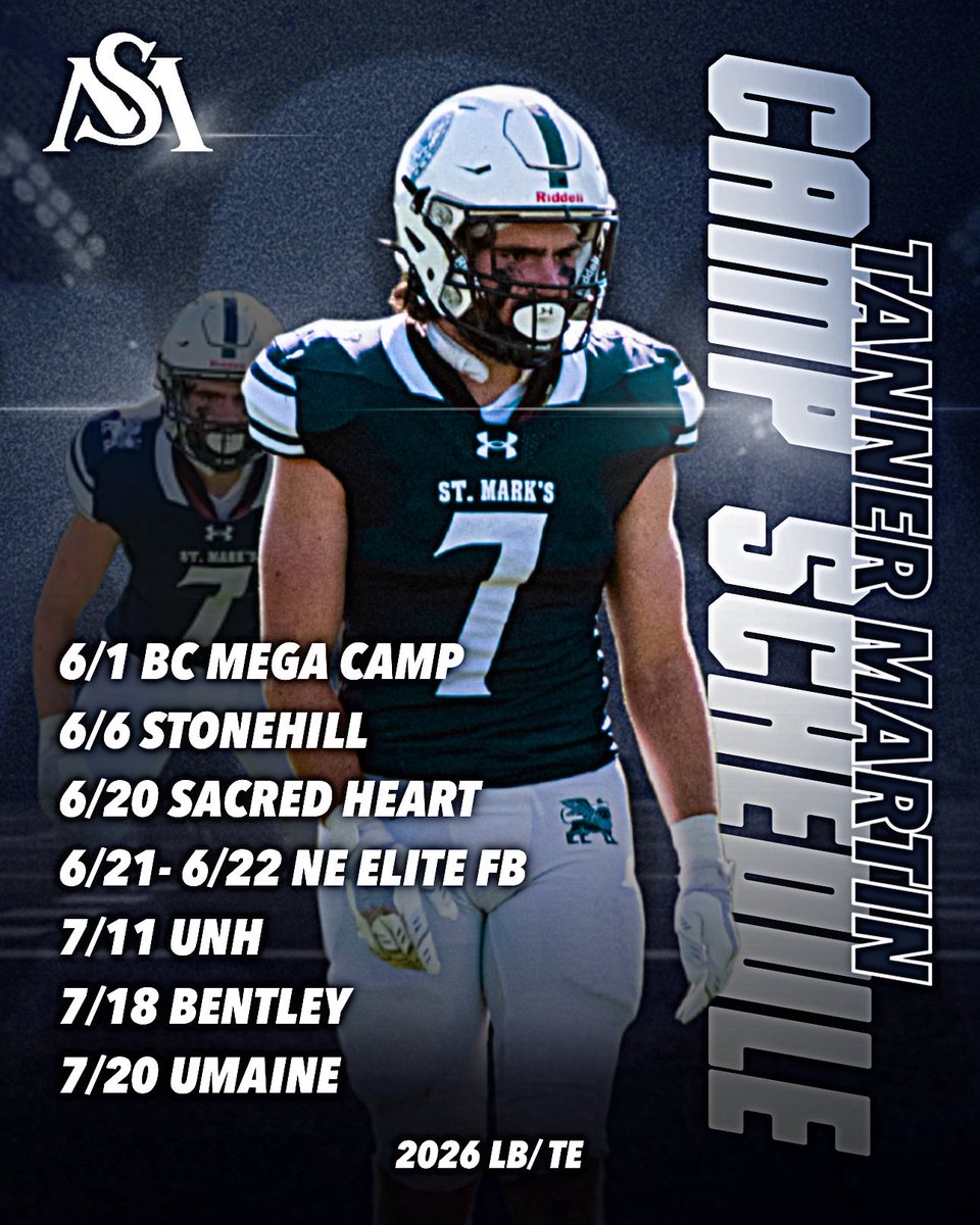 TannerM_7's tweet image. Camp schedule for this summer. Excited for the opportunity to work and connect with coaches!
@StMarksFootball
@CoachKG5
@NE6FB_Recruits