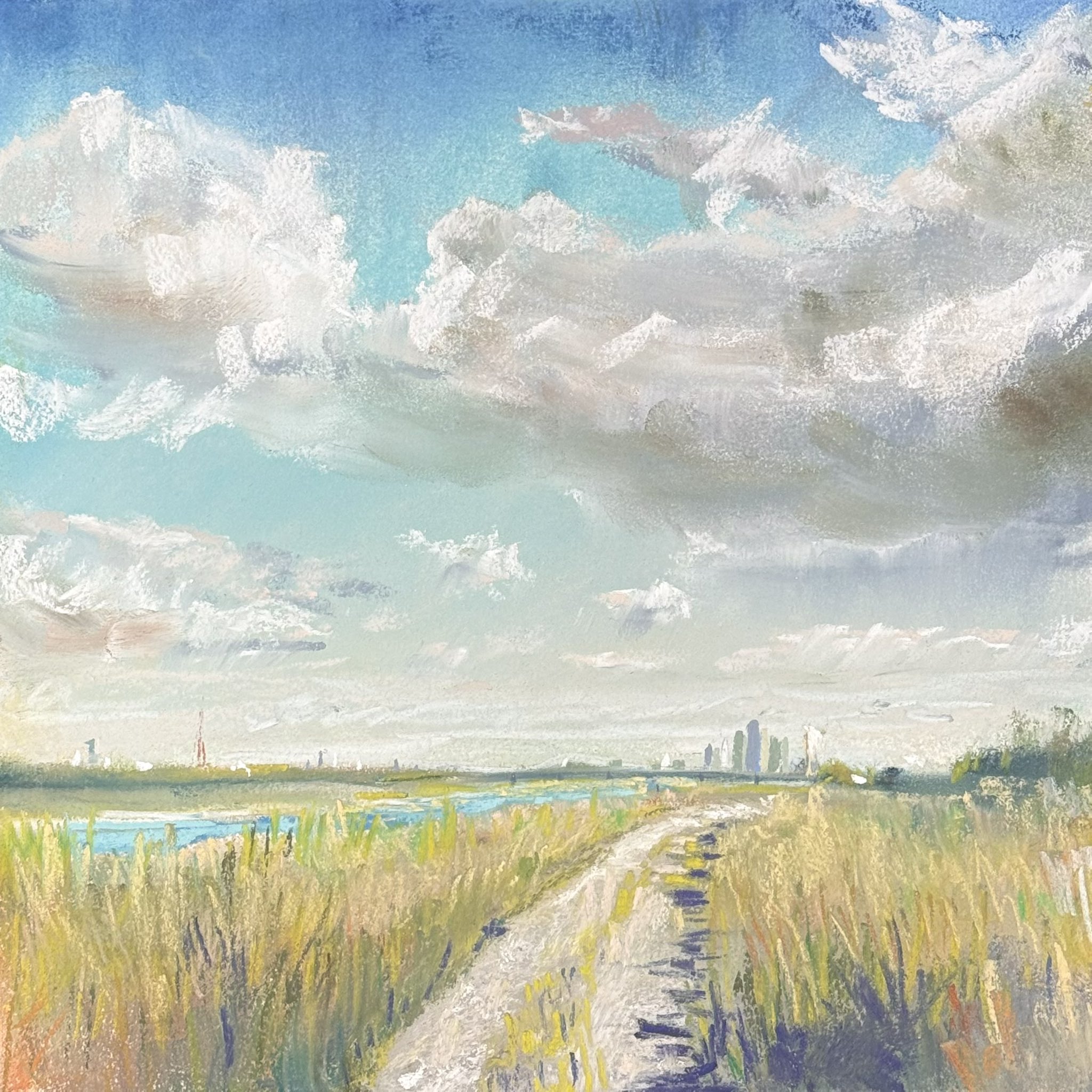 風景画 パステル画 青い屋根の塔