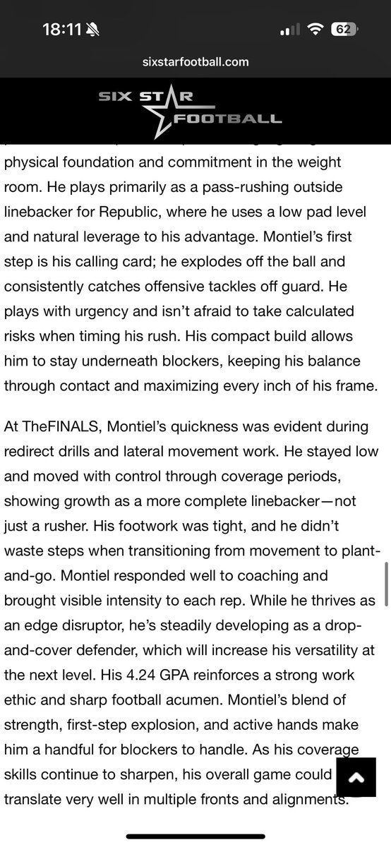 Ethan Montiel (@ethan_montiel56) on Twitter photo A great camp at <a href="/6starfootballMO/">Six Star Football | MISSOURI</a> in TheFINALS. Blessed to receive an invite and show my skill set among other great LB’s. A great camp at <a href="/6starfootballMO/">Six Star Football | MISSOURI</a> in TheFINALS. Blessed to receive an invite and show my skill set among other great LB’s.