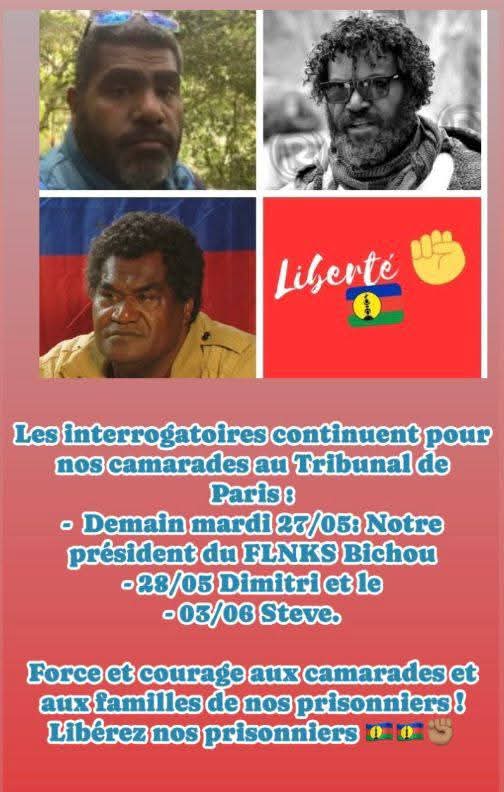 ℹ️INFORMATIONS DU NET:

Les interrogatoires continuent pour notre président du FLNKS Christian Tein (Bichou), Dimitri et Steeve.

Lieu: Tribunal de Paris, France
Date parution: 26.05.25

Source: facebook.com/share/p/16d5J4…

Rejoignez-nous la famille : t.me/Kanaky_Freedom 🇳🇨
