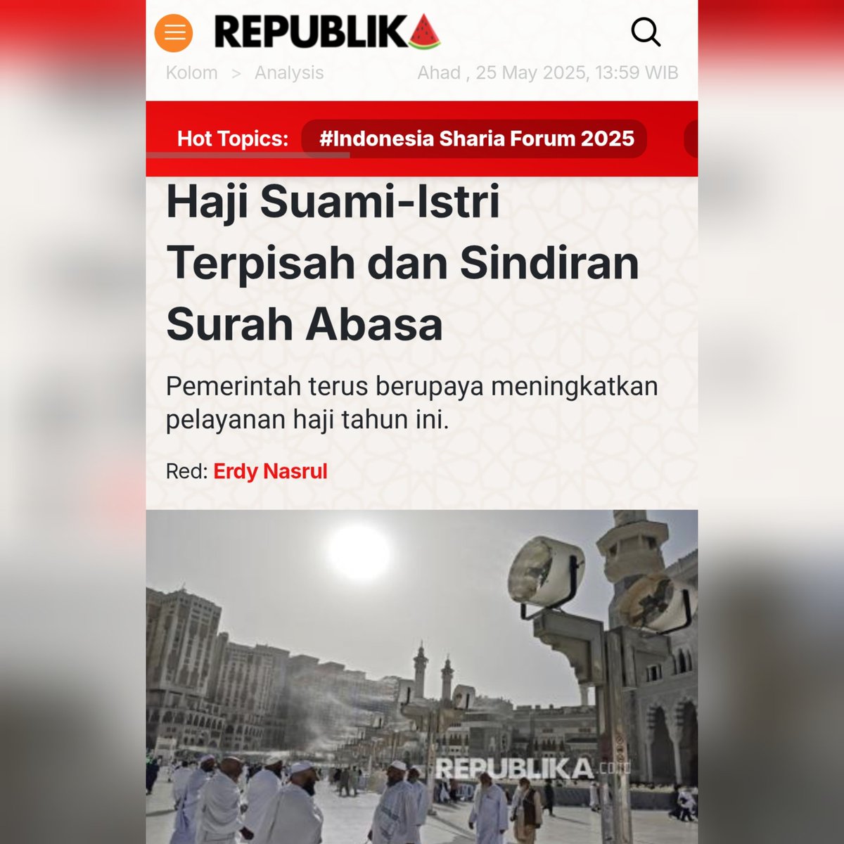 Sungguh sangat disesalkan bila pelaksanaan haji tahun 2025 yg digadang terbaik dan diharapkan menjadi kado terindah bagi PHU Kemenag tapi justru faktanya dilapangan terjadi kekisruhan yg berimbas ketidaknyamanan para jemaah haji Indonesia.
republika.co.id/share/swt0cg451