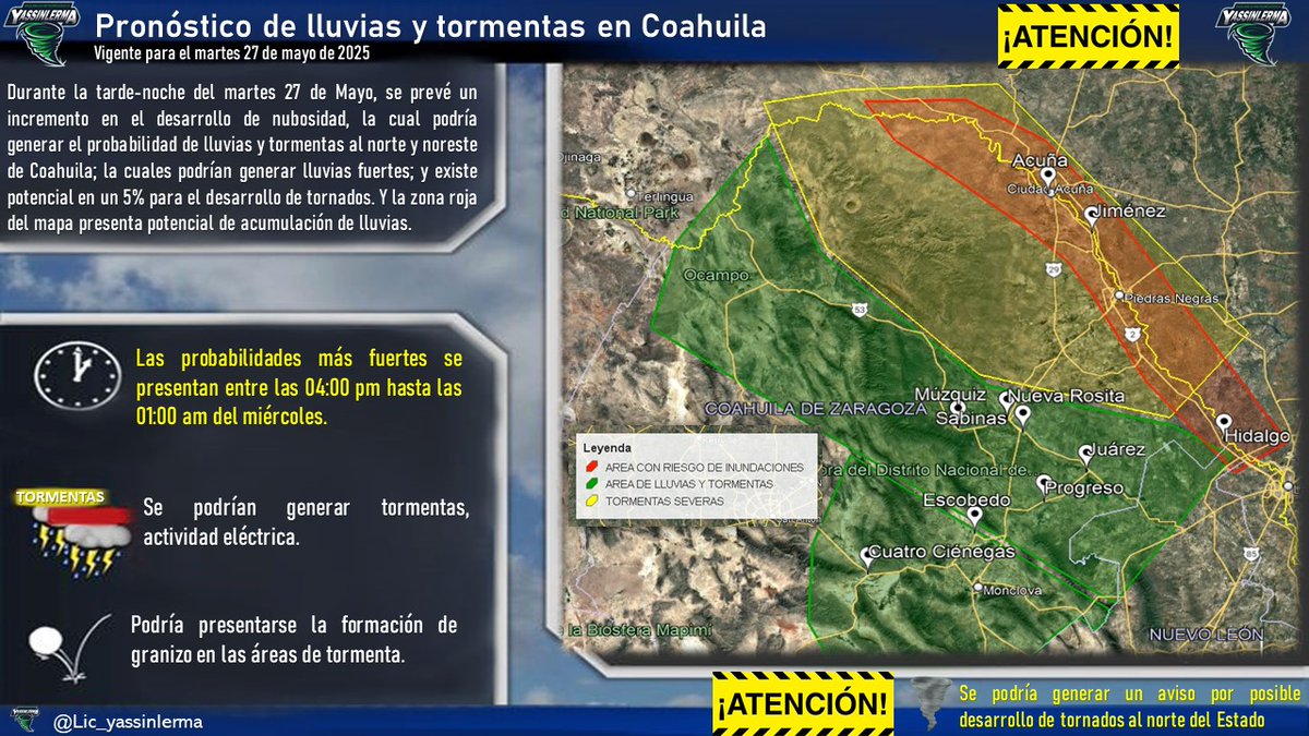 ⚠️Atentos Coahuila⚠️
🚨 Perspectiva de clima especial🚨
⏰Vigente el martes 27 de mayo de las 16:00h a las 01:00h de la madrugada del miércoles 28 de mayo.