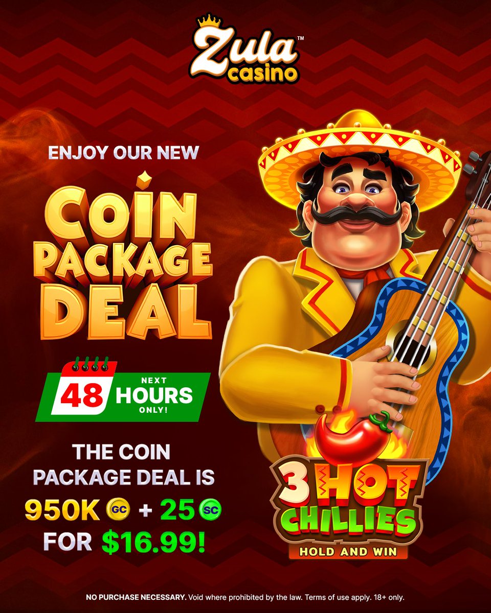 zula_casino's tweet image. 🎉 Special Deal: 3 Hot Chillies Edition 🎉
 
Get ready to turn up the heat! This 48-hour coin package deal is packed with explosive value and vibrant energy. 🔥
 
⏰ Offer ends May 28 at 11:59 AM EDT—Spin bold, play strong, and stack up your wins in true fiesta style! 🌶️…