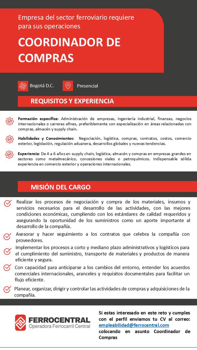 #OportunidadLaboral
📍BOGOTÁ 

#FerroCentral estamos en búsqueda del siguiente perfil:

✔ Coordinador de Compras 

Si estás interesad@ en la vacante, 👷‍♂️ Mira la imagen para conocer los requisitos.⏬⏬

#OfertaDeEmpleo