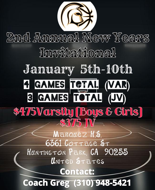 Marquez HS Boys Basketball (@tucker_bbq) on Twitter photo We are excited to invite you to the 2nd Annual New Year’s Invitational at Marquez H.S., taking place between January 5th-10th, 2026. This year’s tournament will feature 64+ teams
#lausd #cifcitysection <a href="/latsondheimer/">eric sondheimer</a> <a href="/LACitySection/">City Section News</a> #losangeles #highschoolbasketball #nike #NIKE We are excited to invite you to the 2nd Annual New Year’s Invitational at Marquez H.S., taking place between January 5th-10th, 2026. This year’s tournament will feature 64+ teams
#lausd #cifcitysection <a href="/latsondheimer/">eric sondheimer</a> <a href="/LACitySection/">City Section News</a> #losangeles #highschoolbasketball #nike #NIKE