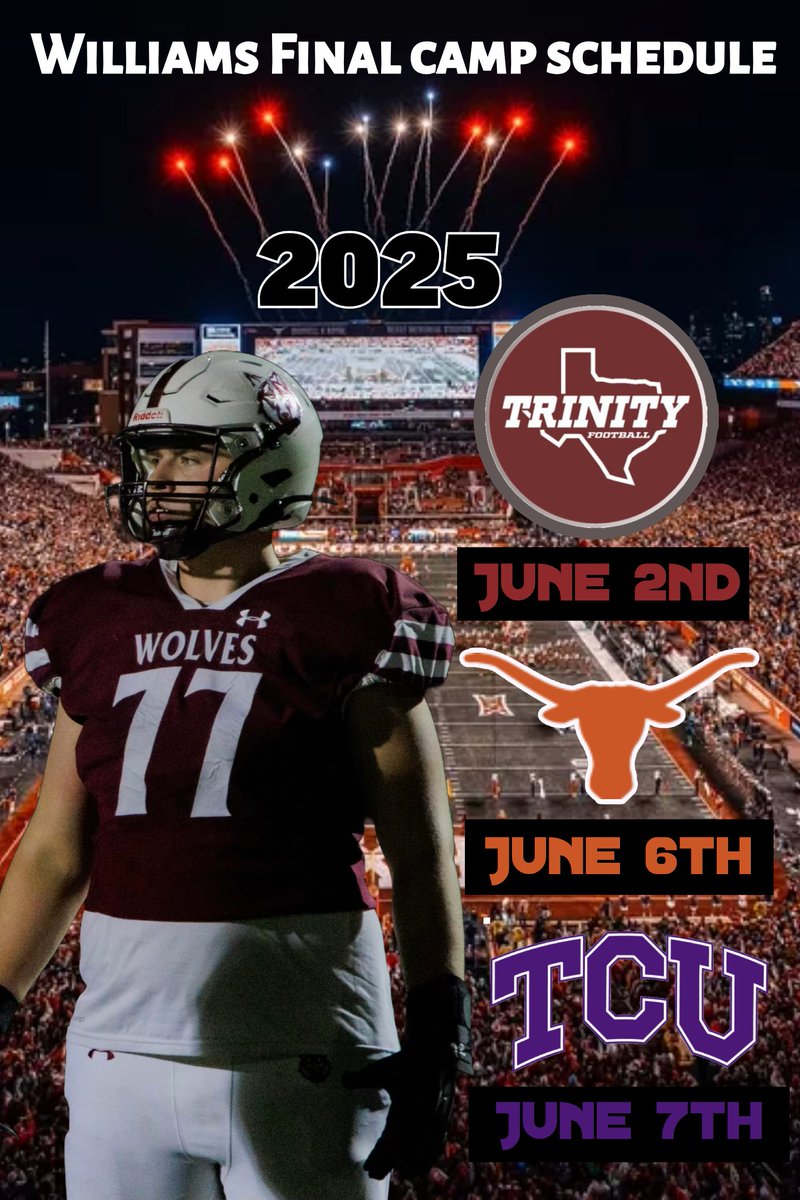 Wesley Williams 2027 (@wesley_dhs19) on Twitter photo 🚨 Locked in for the summer: University of Texas, Trinity and TCU Mega Camps.🚨 I'm ready to work! <a href="/CoachThompsonFB/">Josh Thompson</a> <a href="/jdzimmerhanzel/">JD Zimmerhanzel</a> <a href="/BDammone/">Along The Wire</a> <a href="/DHSWolvesFB/">Davenport Football</a> <a href="/74logan74/">Logan Self</a> <a href="/CoachRenoYale/">Tony Reno</a> <a href="/CoachDomino_1/">Keith Domino</a> <a href="/_CoachDonald/">Dimitri Donald™</a> <a href="/KananRay/">Kanan Ray</a> <a href="/CoachZAllen/">Zach Allen</a> <a href="/coachliddle/">Drew Liddle</a> 🚨 Locked in for the summer: University of Texas, Trinity and TCU Mega Camps.🚨 I'm ready to work! <a href="/CoachThompsonFB/">Josh Thompson</a> <a href="/jdzimmerhanzel/">JD Zimmerhanzel</a> <a href="/BDammone/">Along The Wire</a> <a href="/DHSWolvesFB/">Davenport Football</a> <a href="/74logan74/">Logan Self</a> <a href="/CoachRenoYale/">Tony Reno</a> <a href="/CoachDomino_1/">Keith Domino</a> <a href="/_CoachDonald/">Dimitri Donald™</a> <a href="/KananRay/">Kanan Ray</a> <a href="/CoachZAllen/">Zach Allen</a> <a href="/coachliddle/">Drew Liddle</a>
