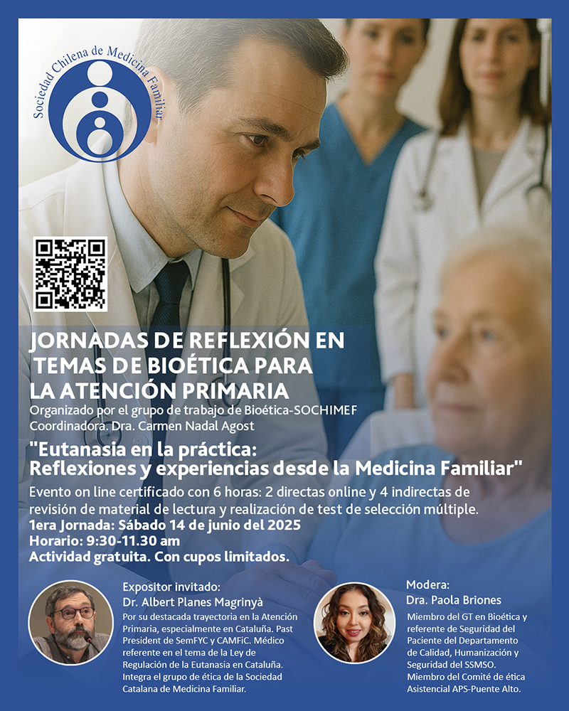 Jornadas de reflexión en temas de Bioética para la Atención Primaria.
1a. Jornada: “Eutanasia en la práctica: Reflexiones y experiencias desde la Medicina Familiar”
Sábado 14 de junio del 2025 
Horario: 9:30-11.30 am
Inscripciones: forms.gle/gsZohkhoRhbpS5…

#Bioética #MF #APS