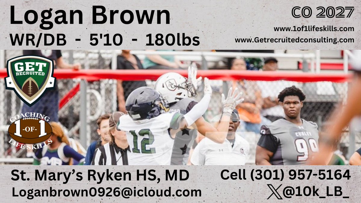 Logan Brown - CO 2027 - WR/DB - 5'10, 180lbs - 4.06 GPA - Athletic, explosive, fast, and smart. St. Mary's Ryken HS, MD. Info: x.com/10k_LB_ <a href="/10k_LB_/">LoganBrown</a> @1of1lifeskills <a href="/Bucknell_FB/">Bucknell Football</a> <a href="/ColgateFB/">Colgate Football</a> <a href="/FORDHAMFOOTBALL/">Fordham Football</a> <a href="/HoyasFB/">Georgetown Football</a> <a href="/HCrossFB/">Holy Cross Football</a> <a href="/LafColFootball/">Lafayette Football</a> <a href="/LehighFootball/">Lehigh Football</a>