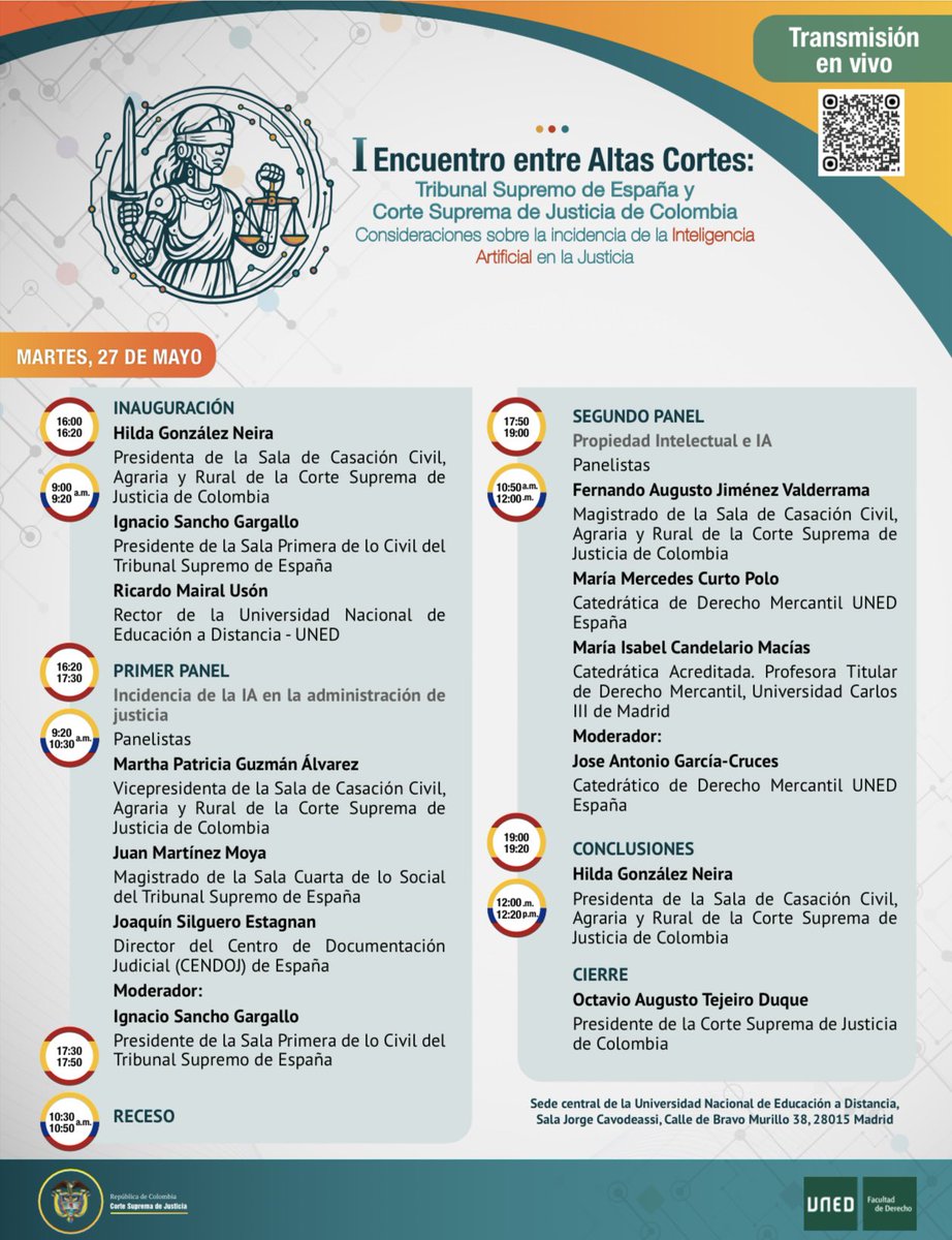 Piero Di Gennaro (@pierodigennaro) on Twitter photo Este 27 de mayo se celebrará el I Encuentro entre Altas Cortes de Colombia y España: <a href="/PoderJudicialEs/">Poder Judicial</a> y <a href="/CorteSupremaJ/">Corte Suprema de Justicia</a> dialogan sobre los retos de la IA en la justicia.
Pueden seguir la transmisión a partir de las 9:00 am, haciendo click en este enlace: cortesuprema.gov.co/1-encuentro-en… Este 27 de mayo se celebrará el I Encuentro entre Altas Cortes de Colombia y España: <a href="/PoderJudicialEs/">Poder Judicial</a> y <a href="/CorteSupremaJ/">Corte Suprema de Justicia</a> dialogan sobre los retos de la IA en la justicia.
Pueden seguir la transmisión a partir de las 9:00 am, haciendo click en este enlace: cortesuprema.gov.co/1-encuentro-en…