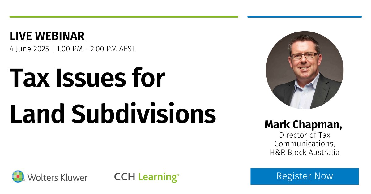 Join Mark Chapman from H&amp;R Block who looks at CGT and other direct tax implications flowing from the subdivision of land &amp; will also explore the potential GST issues that can arise in this insightful session.

Register Here: ow.ly/opbV50VWRCu

#Tax #Issues #LandSubdivisions