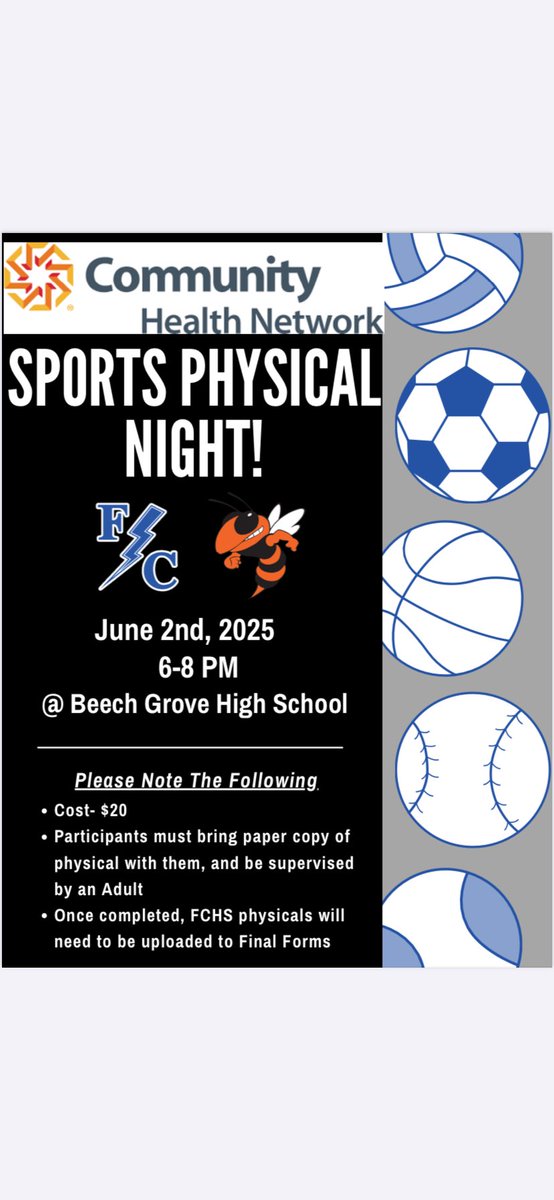 Franklin Central Sports Medicine (@flashesatc) on Twitter photo Reminder to all FT Student-Athletes and families! Our Community Health Network Sports Physical Night is Monday, June 2 from 6-8pm! One week from today! Come on out and get your physicals taken care of early! We’ll see you there!! <a href="/FCFlashes/">Franklin Central Athletics</a> Reminder to all FT Student-Athletes and families! Our Community Health Network Sports Physical Night is Monday, June 2 from 6-8pm! One week from today! Come on out and get your physicals taken care of early! We’ll see you there!! <a href="/FCFlashes/">Franklin Central Athletics</a>
