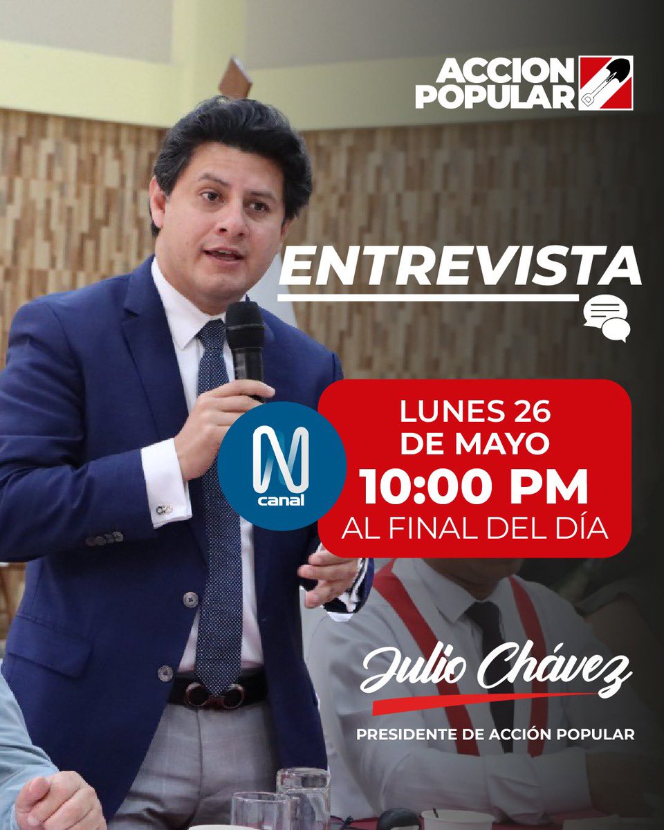 📷 Esta noche desde las 10:00 p.m. estaré en <a href="/canalN_/">Canal N</a>, hablando de la preocupante coyuntura política que vive nuestro país.

<a href="/AccionPopular/">Partido Político Acción Popular</a> <a href="/AccionPopularOk/">Partido Acción Popular</a> <a href="/ApBancada/">Bancada Acción Popular 🇵🇪</a>