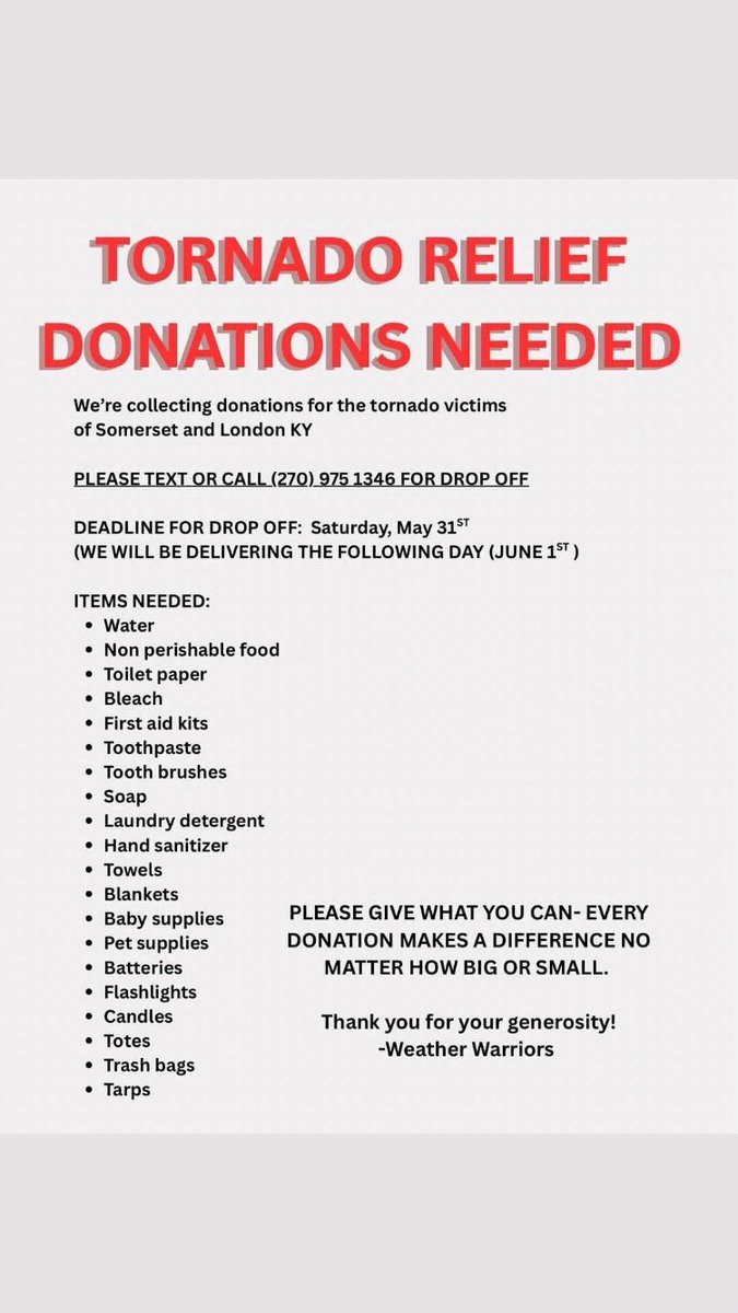 Dantheweather2's tweet photo. One of my friend has organized a disaster relief for the community in eastern Kentucky effect from the tornado early this month. Please donate any items on this list. Remember any little will help also like and follow the weather warrior on facebook. Thanks you #wxtwitter https://t.co/AtuacN415q