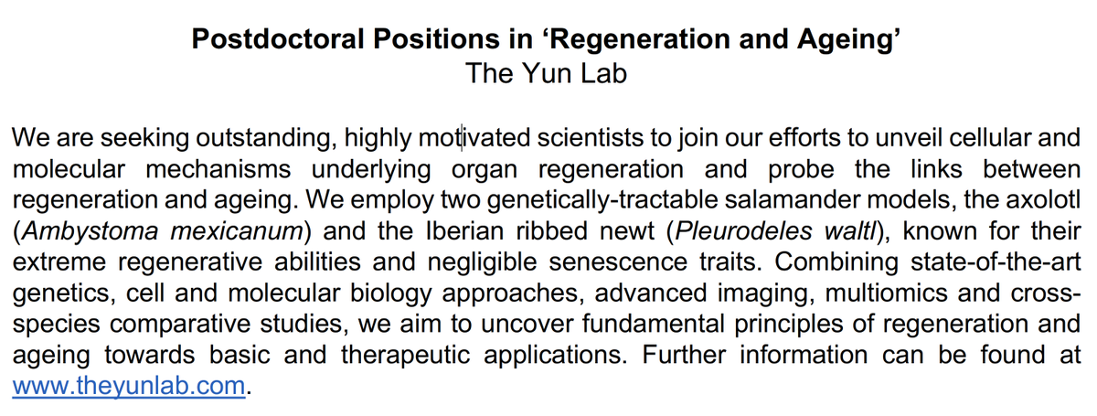Maximina Yun <a href="/MaxYunLab/">TheYunLab</a> is looking for outstanding Postdocs, Bioinformaticians and Research Assistants to solve key questions pertinent to regeneration and ageing. A great opportunity for ambitious scientists looking for a great research environment.