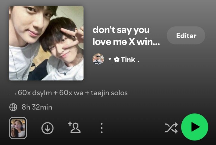 tkoorv's tweet image. 🎧: 60x don&apos;t say you love me + 60x winter ahead + taejin solos
⏳️: 8h 32min

🖇: open.spotify.com/playlist/0REH9…