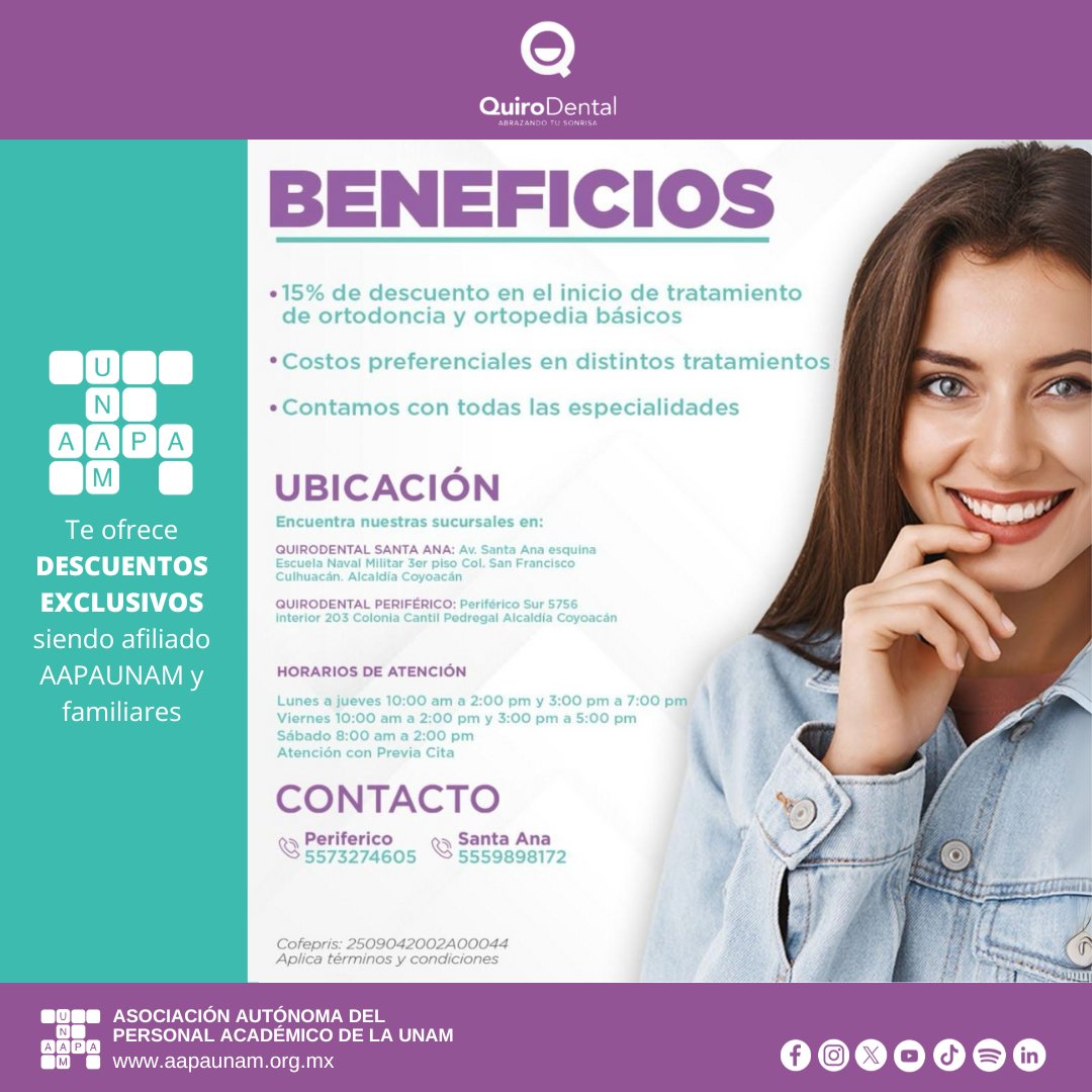 ¡Queremos verte sonreír! 😊
Recibe tu diagnóstico con 50% de descuento en tu primera cita

#SomosAAPAUNAM #UNAM #SonríeConConfianza #SaludDental #BeneficioAAPAUNAM