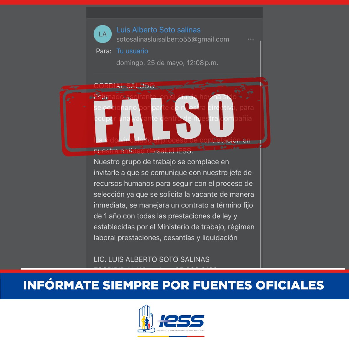 #IESSteInforma 📣 | Recuerda que todos los procesos de contratación de personal se realizan a través de <a href="/EmpleoEncuentra/">Encuentra Empleo Ecuador</a>.  

🤚🏻No te dejes engañar y mantente siempre informado por nuestros canales oficiales
