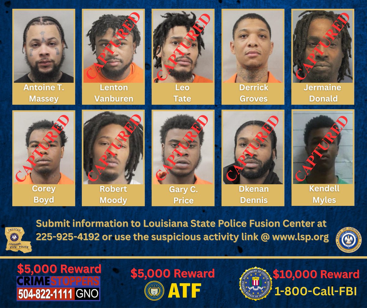 Update: On May 26, 2025, three of the remaining fugitives were taken into custody.

Lenton Vanburen was arrested in Baton Rouge by the Baton Rouge Police Department.

Leo Tate and Jermaine Donald were arrested in Walker County, Texas by the Texas Department of Public Safety.