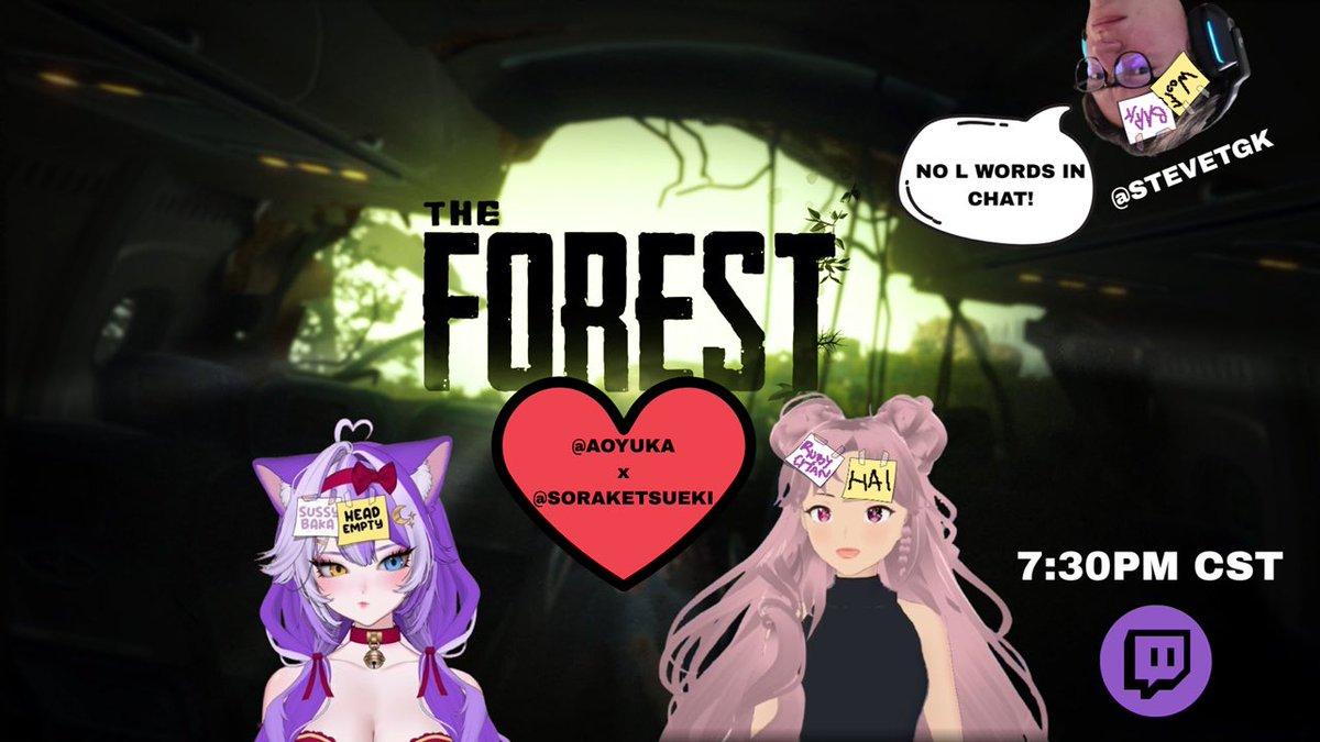 Streaming THE FOREST! First play through with <a href="/aoyukattv/">Yuka | 🌙🎀</a> and <a href="/SteveTGK/">SteveTGK</a> !! Hopefully my computer won’t crash 😭💗 Come say hiiiii ~ live now!

twitch.com/soraketsueki