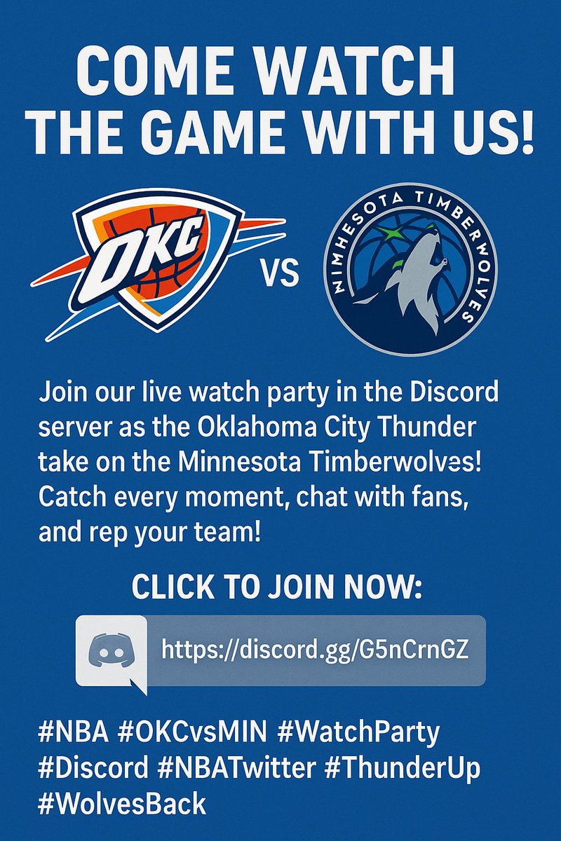 Come watch the game with us!

Join our live watch party in the Discord server as the Oklahoma City Thunder take on the Minnesota Timberwolves!
Catch every moment, chat with fans, and rep your team!

Click to join now: discord.gg/G5nCrnGZ #NBAPlayoffs #NBAonTNT #WolvesBack
