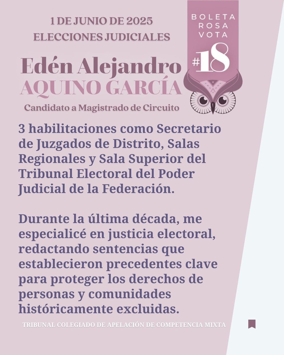EdenAlejandroAG's tweet photo. 🔎 ¿Qué hay detrás del #18 en la Boleta Rosa para elegir Magistrados en #Oaxaca?

Toda una vida de esfuerzo. Una lucha constante para que las #leyes protejan a todas las personas, sin distinción. Y especialmente, a quienes históricamente no han tenido acceso pleno a la #justicia. https://t.co/NLfN5edXNN