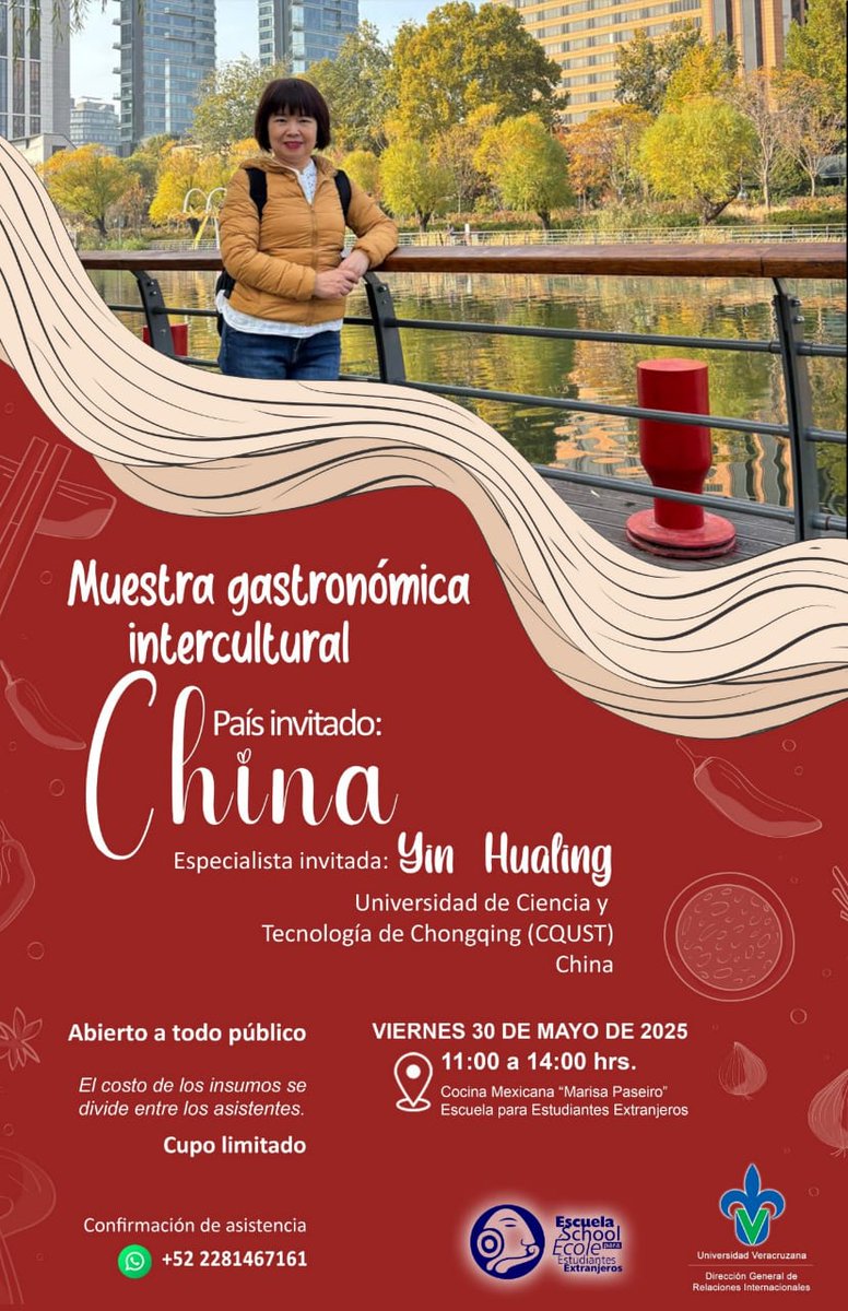 ¡Sabores de China en la UV!
👩🍳 Yin Hualing (CQUST, China)
📅 30/05/25 | 🕚11:00-14:00
📍 Cocina "Marisa Paseiro" (UV)
💲 Costo compartido | 🚨 Cupo limitado
📲 Confirma: +52 2281467161
🌍 #GastronomíaIntercultural #CocinaChina #UV
🔗 @UV_Internacional