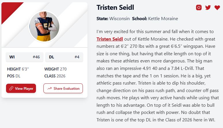 TristenSeidl's tweet photo. Thank you @MJ_NFLDraft and @PrepRedzoneWI for the evaluation and write up. Looking forward to more camps and representing Wisconsin!
@kmlasersfb @TrentonLuera14 @damehova9
@travisWSN @BigTime1250 @ODFBall
@ra_da_coach @TheTop5s_
#PAIN #BIGTasty https://t.co/aH1GBCULPN