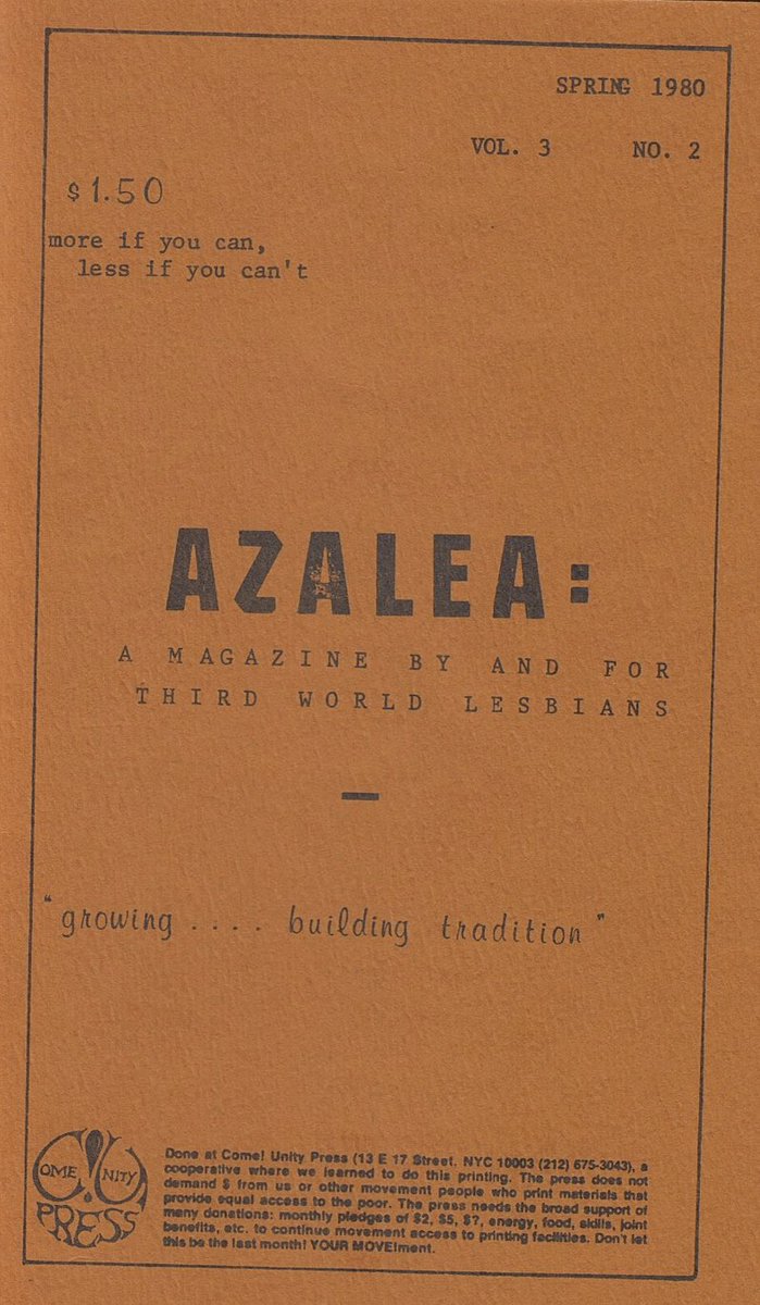 Feels important to me that many vintage Black lesbian publications are the creations of dedicated groups rather than individuals.

Ex: Azalea, by the oldest black lesbian org in the U.S., The Salsa Soul Sisters, (aka African Ancestral Lesbians United for Societal Change)