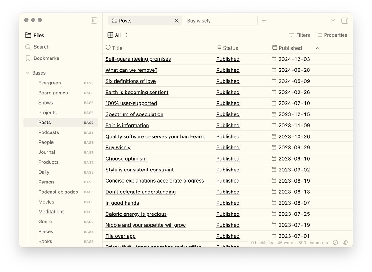 kepano's tweet image. Migrated my personal vault to Obsidian Bases and it feels so good 🥰
I was able to translate ~3,000 dataview queries into 30 bases. Makes for a more maintainable approach to bottom-up notetaking.