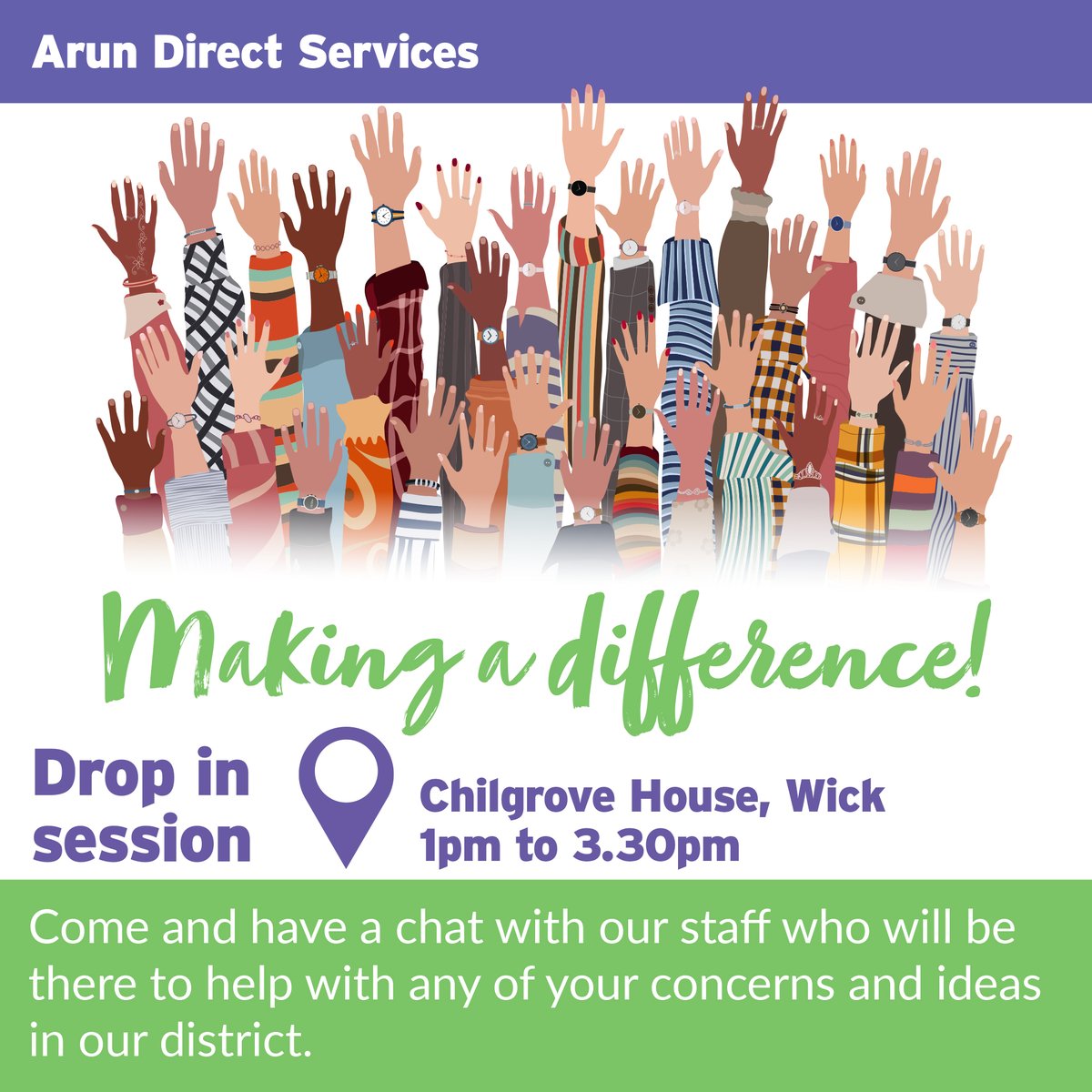 Join our Arun Direct Services staff at their drop-in session tomorrow (28 May) at the Chilgrove House Hub, BN17 7JD, from 1pm to 3.30pm. They will be there to signpost, inform and help you - drop in to chat about any council issues and/or information you may need.