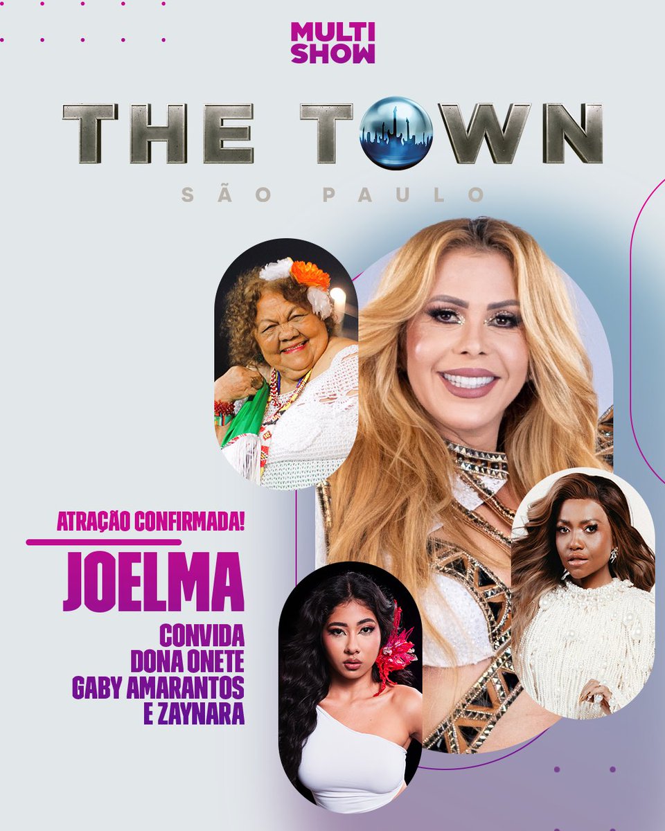 Multishow (@multishow) on Twitter photo O Pará é pop e vai marcar presença no #TheTownNoMultishow com um encontro de gerações. ✨ <a href="/Joelma/">Joelma 👑</a> convida <a href="/DonaOnete/">Dona Onete</a>, <a href="/GabyAmarantos/">Gaby Amarantos</a> e <a href="/zaynaraa/">ZAYNARA</a> para uma apresentação especial no Palco The One, no dia 14 de setembro! 🤩 O Pará é pop e vai marcar presença no #TheTownNoMultishow com um encontro de gerações. ✨ <a href="/Joelma/">Joelma 👑</a> convida <a href="/DonaOnete/">Dona Onete</a>, <a href="/GabyAmarantos/">Gaby Amarantos</a> e <a href="/zaynaraa/">ZAYNARA</a> para uma apresentação especial no Palco The One, no dia 14 de setembro! 🤩