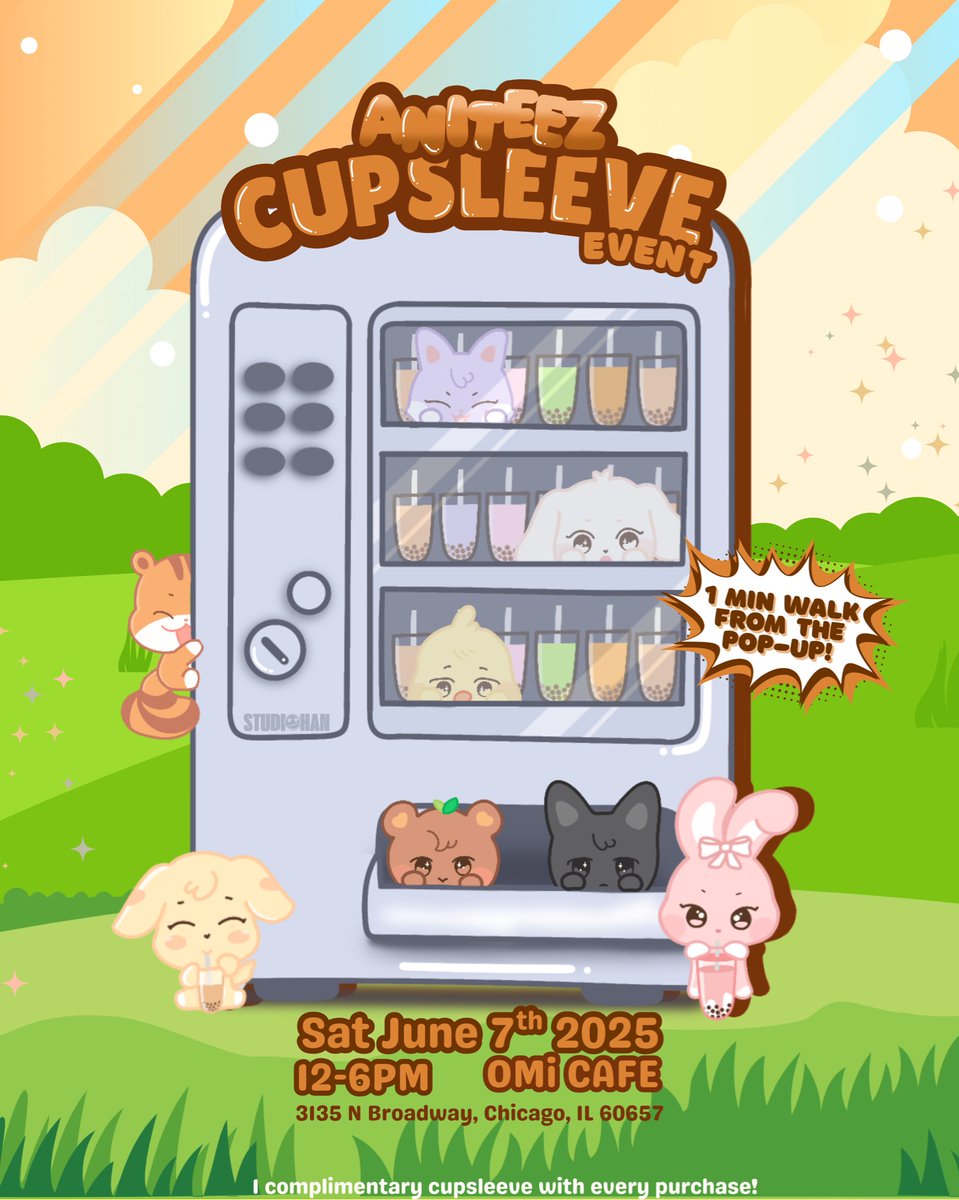 ANITEEZ IN…..a vending machine? 

Date: Saturday, June 7th 2025
Time: 12PM - 6PM
Location: OMi Cafe

Bring in your photocards for BST! 

📍Right down the street from the chicago aniteez pop up! Last weekend to visit!

#ATEEZ #에이티즈 #aniteezfanart