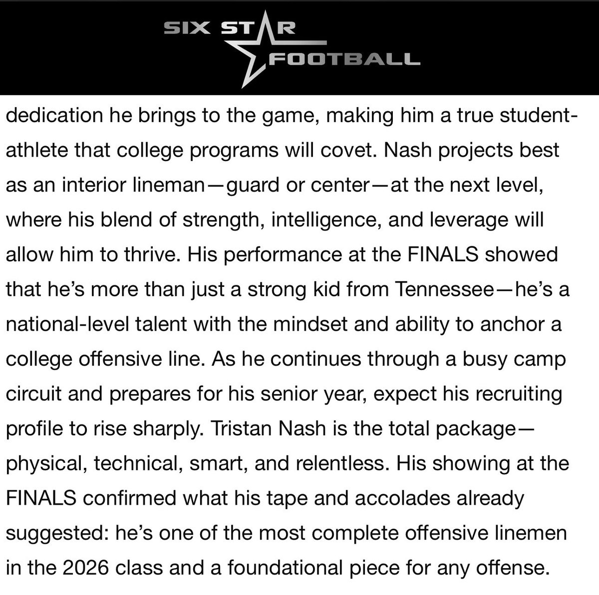 Tristan Nash OC/OG 2026 6’3 275 (@tristannash58) on Twitter photo Had a great day competing at the FINALS camp in St. Louis. Thank you <a href="/sixstarfootball/">Six Star Football | PLUS+</a> for the write up!
<a href="/CoachP_JC/">Coach Palmer</a> <a href="/JCEagleFootball/">JC Football</a> <a href="/CSmithScout/">Chris Smith</a> Had a great day competing at the FINALS camp in St. Louis. Thank you <a href="/sixstarfootball/">Six Star Football | PLUS+</a> for the write up!
<a href="/CoachP_JC/">Coach Palmer</a> <a href="/JCEagleFootball/">JC Football</a> <a href="/CSmithScout/">Chris Smith</a>