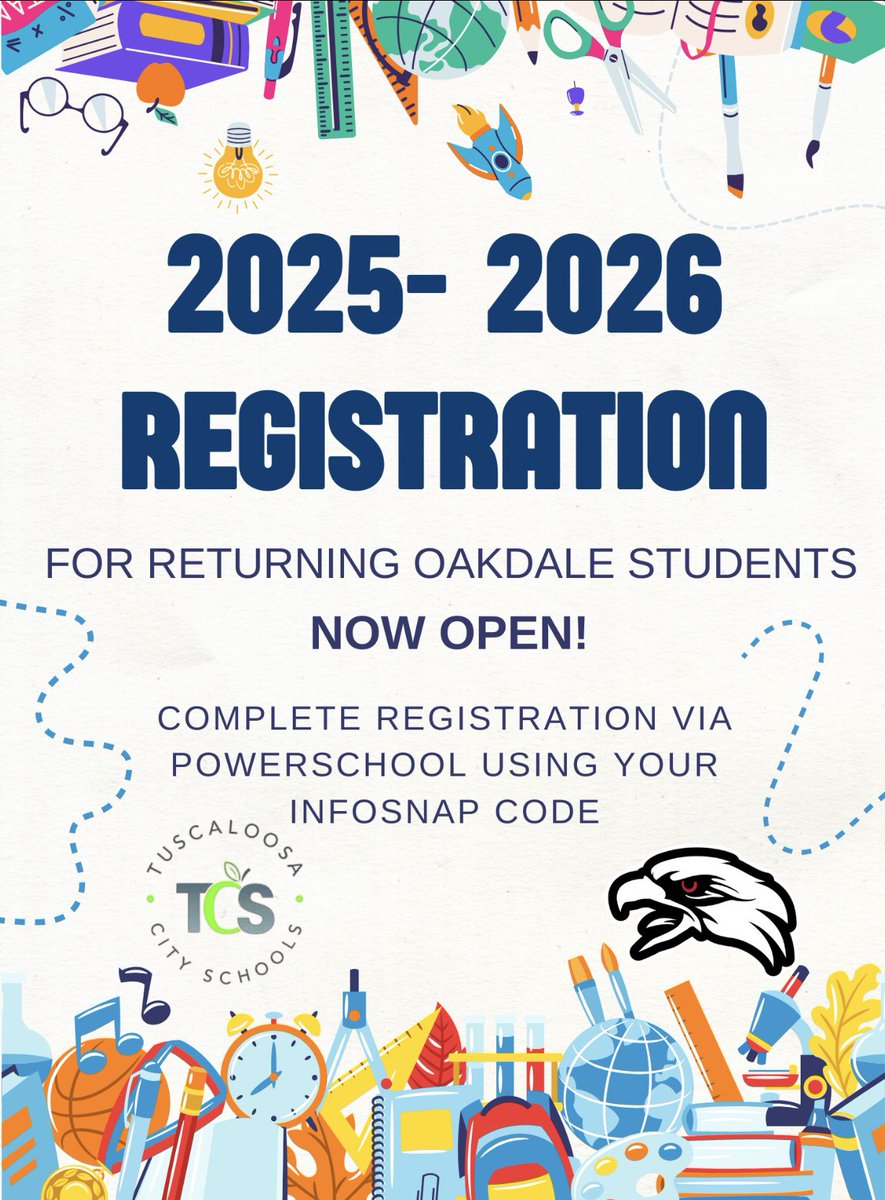 Oakdale Elementary (@oakdaleelement) on Twitter photo Registration is now open for the 2025- 2026 school year for all returning Oakdale students. Please use your Infosnap code to complete registration. <a href="/TCSBoardofEd/">T🍏S Board of Ed</a> <a href="/DeniseArringt19/">Dr. Denise Arrington</a> <a href="/KieraSEzell/">Kiera S. Ezell</a> Registration is now open for the 2025- 2026 school year for all returning Oakdale students. Please use your Infosnap code to complete registration. <a href="/TCSBoardofEd/">T🍏S Board of Ed</a> <a href="/DeniseArringt19/">Dr. Denise Arrington</a> <a href="/KieraSEzell/">Kiera S. Ezell</a>