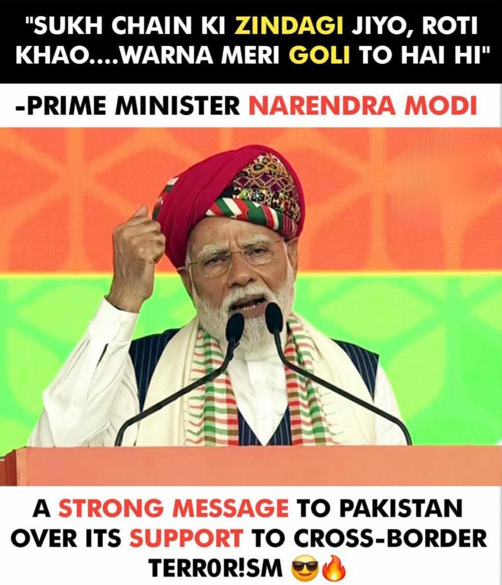 Virenn_Indian's tweet photo. Talk peace or taste power 🔥

#ModiWarning #IndiaStrong #CrossBorderMessage #TerrorismWillFall #PowerfulSpeech #NationFirst https://t.co/djXE6NEwWY