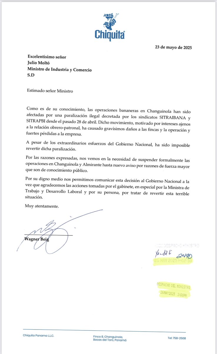 Durante dos semanas, el Gobierno cumplió: abrimos espacios, mediamos, buscamos proteger empleos. Pero cuando no hay voluntad, pierde el país.

Hoy, Chiquita suspende operaciones (hasta nuevo aviso) por razones de fuerza mayor. El resultado: cientos de familias sin ingresos,