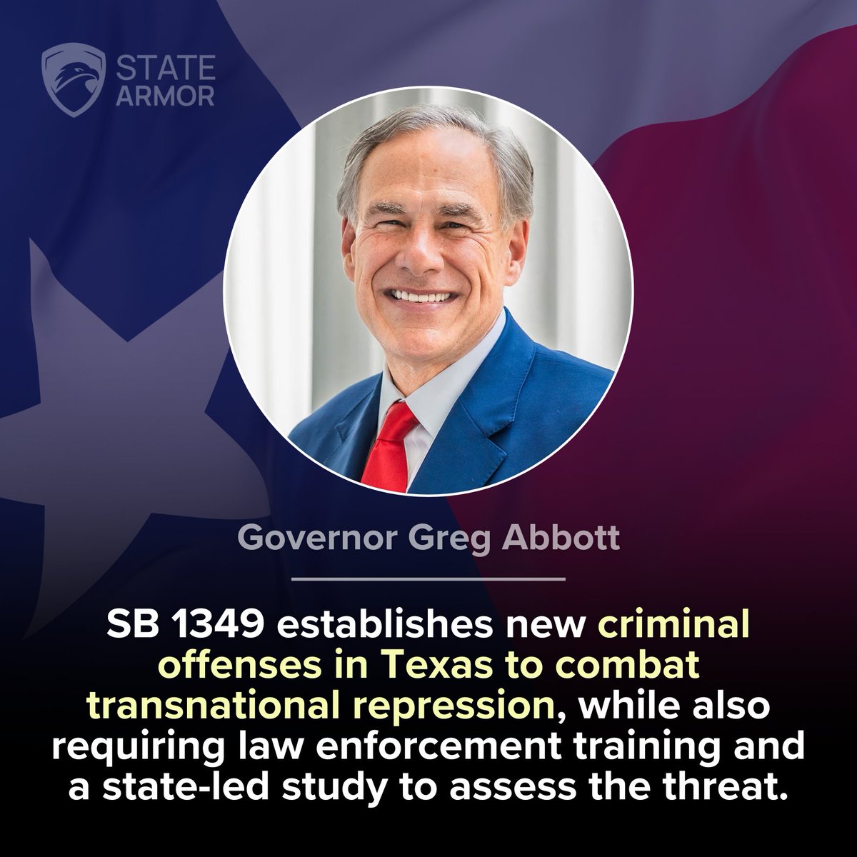 🔥 美国通过首部反跨国镇压法 剑指中共！

德克萨斯州州长雷格‧阿博特 <a href="/GregAbbott_TX/">Greg Abbott</a> 正式签署《SB 1349法案》——首次将外国政府在德州实施跨国镇压的行为定为刑事犯罪，并要求就此进行执法培训。