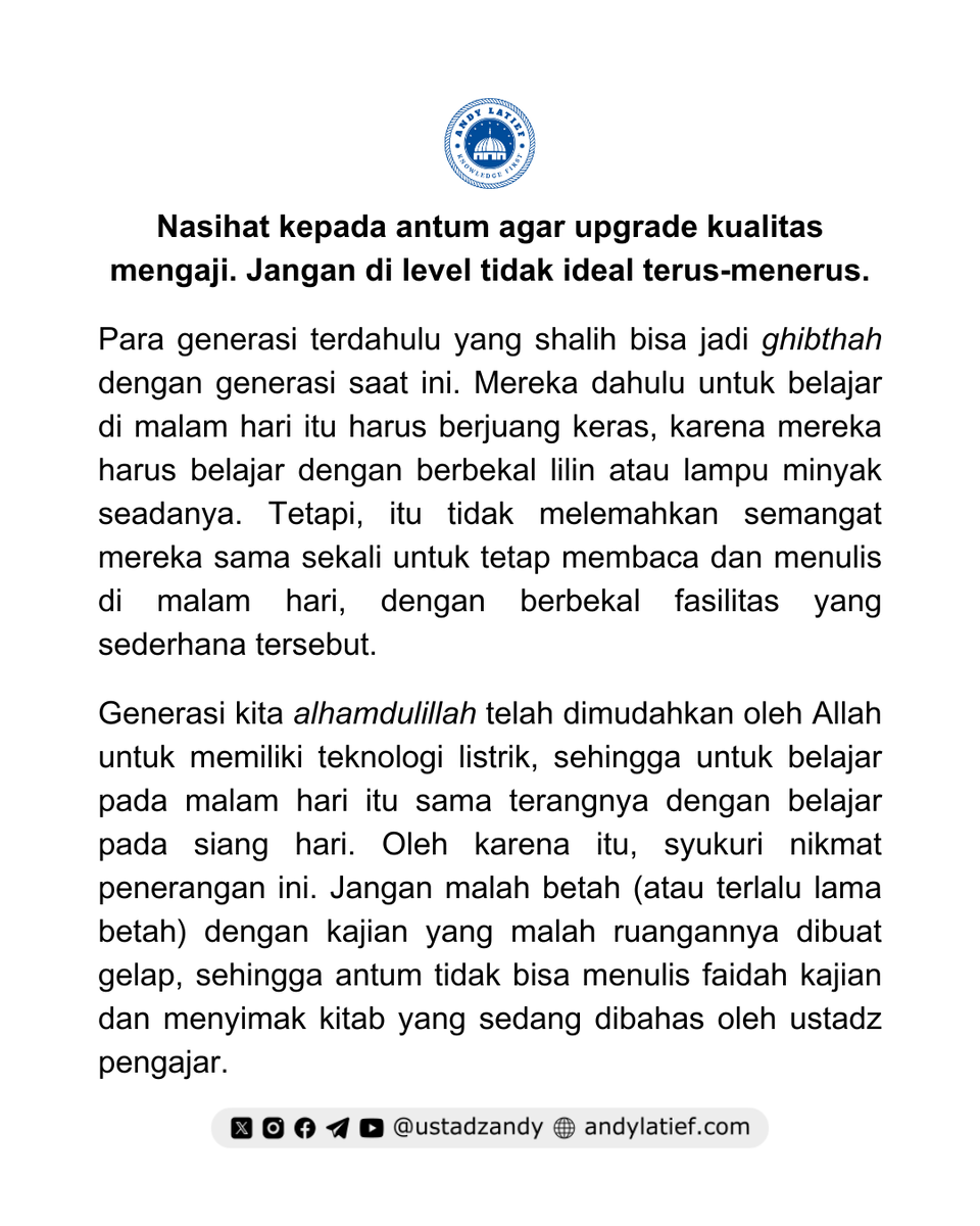 ustadzandy's tweet photo. Jangan terlalu lama berada di level mengaji yang tidak ideal. Upgrade dong! https://t.co/QT9m8KxPe1