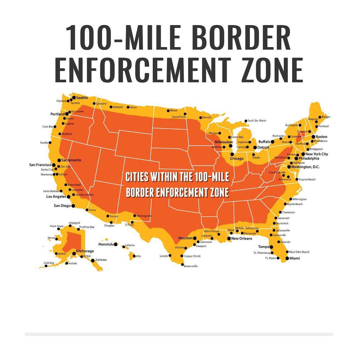 Americans living within 100 miles of the US border OR the coast… 

You are now officially inside the 100-mile “border enforcement zone” - a legal gray area where Customs &amp; Border Protection (CBP) operates with expanded powers that override basic constitutional protections. 1/3