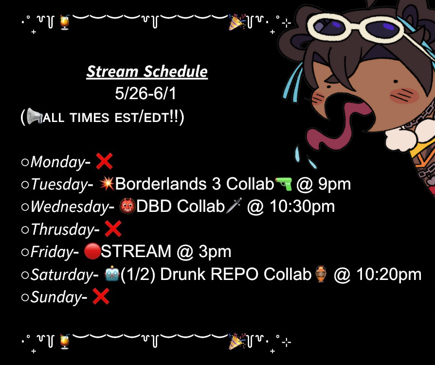 Bix🍹🎉 (@perkybix) on Twitter photo (IMA TRY KEEP UP FOR THE COMING WEEKS)
Collabs✨:
💥Borderlands 3🔫: <a href="/blackredmenacev/">blackredmenace</a>
👹D B D🗡️: <a href="/Vesperus__/">Vesperus Frost ❄️🖤</a> <a href="/HenrikVtuber/">HenrikVT (Hiatus Arc) 🏳️🌈 🔞</a> <a href="/DommyKitsuAkio/">Dommy Kitsune Akio</a>
🤖R.E.P.O🏺: <a href="/YamiAisu/">Aisu Yami ❄️🐉</a> <a href="/Calilum_/">🔞Cal 🐺🐲</a> <a href="/AidenInoru/">Aiden 🏳️🌈</a> <a href="/SpaceCptGray/">Space Captain Gray</a> <a href="/blackredmenacev/">blackredmenace</a> <a href="/HeroAges/">Hero Ages</a> <a href="/LoxusHM/">Loxus | Healer⚕️| Fox🦊 |</a> <a href="/QuintusScriptor/">Quintus🪶🧵Norn of the Nine Realms</a> <a href="/RaszyAlisza/">Raszy Alisza •EN Vtuber• ❤️💚 Model Debut May 24th</a> (IMA TRY KEEP UP FOR THE COMING WEEKS)
Collabs✨:
💥Borderlands 3🔫: <a href="/blackredmenacev/">blackredmenace</a>
👹D B D🗡️: <a href="/Vesperus__/">Vesperus Frost ❄️🖤</a> <a href="/HenrikVtuber/">HenrikVT (Hiatus Arc) 🏳️🌈 🔞</a> <a href="/DommyKitsuAkio/">Dommy Kitsune Akio</a>
🤖R.E.P.O🏺: <a href="/YamiAisu/">Aisu Yami ❄️🐉</a> <a href="/Calilum_/">🔞Cal 🐺🐲</a> <a href="/AidenInoru/">Aiden 🏳️🌈</a> <a href="/SpaceCptGray/">Space Captain Gray</a> <a href="/blackredmenacev/">blackredmenace</a> <a href="/HeroAges/">Hero Ages</a> <a href="/LoxusHM/">Loxus | Healer⚕️| Fox🦊 |</a> <a href="/QuintusScriptor/">Quintus🪶🧵Norn of the Nine Realms</a> <a href="/RaszyAlisza/">Raszy Alisza •EN Vtuber• ❤️💚 Model Debut May 24th</a>