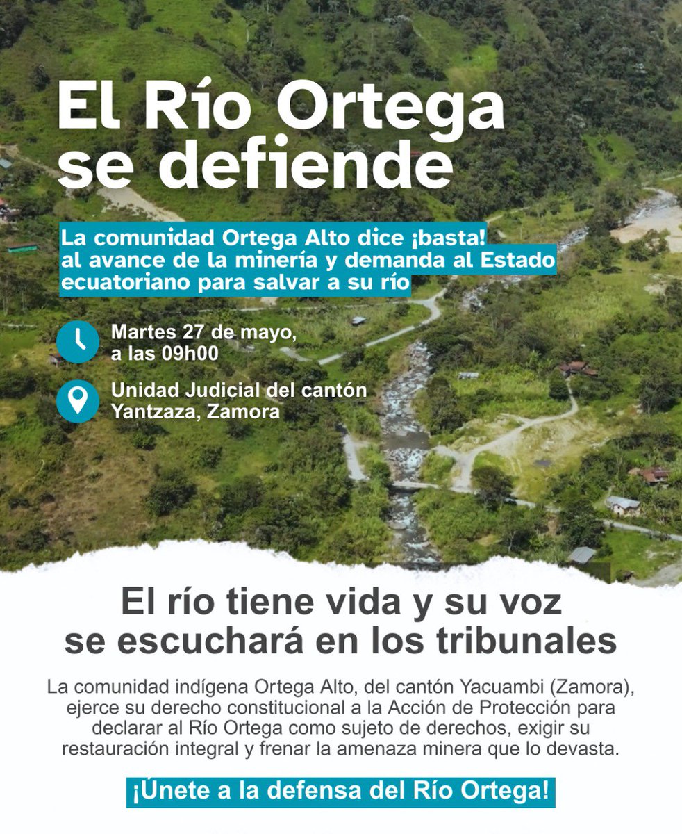 🌊DEMANDA HISTÓRICA 
Mañana, el Río Ortega llega a los tribunales como sujeto de derecho, representado por la Comunidad Ortega Alto, quienes ejercen su derecho a la Acción de Protección para tutelar al río y denunciar que su existencia está en riesgo por la minería.